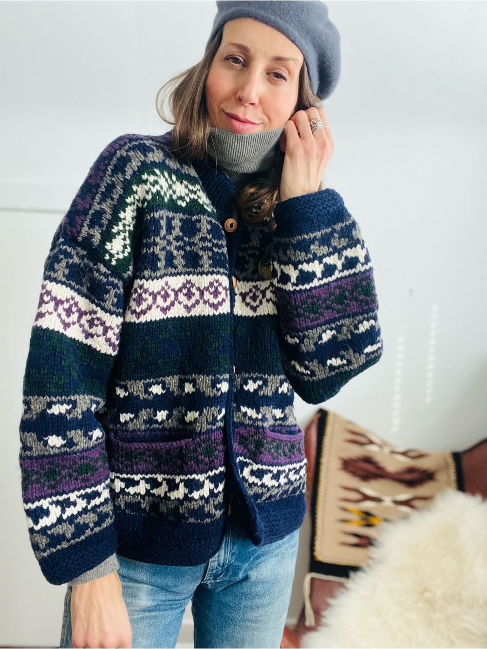 Vintage Nordic Button-Front Cardigan - Navy, Purple & Green